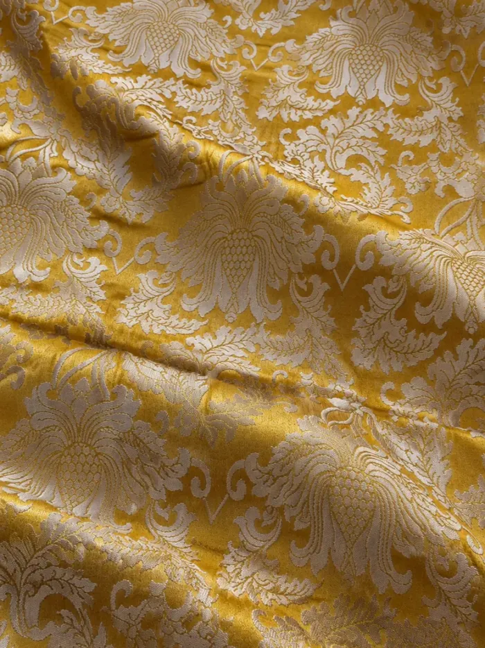 KashiFab CHO Tibetan Brocade - Yellow Open cream peony - KF-CHO #17257 Tibetan brocade Varanasi