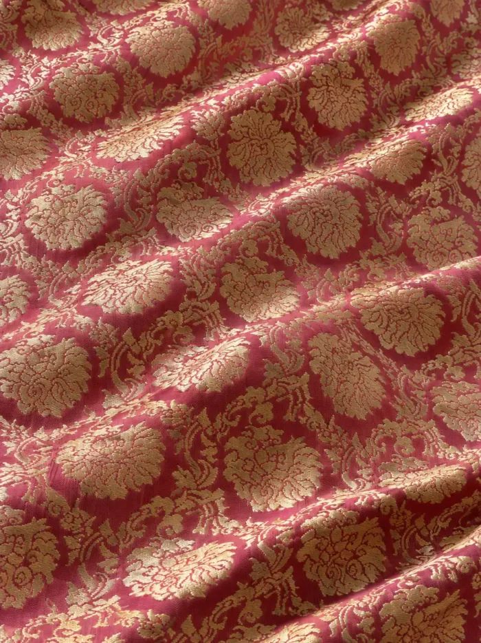 KashiFab CHO Tibetan Brocade - Coral Small gold flower - KF-CHO #17259 Tibetan brocade Varanasi