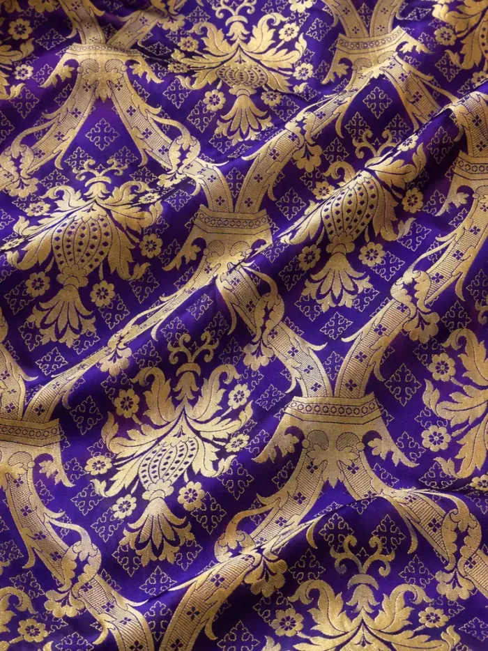 KashiFab CHO Tibetan Brocade - Purple Gold medallion stack - KF-CHO #17260 Tibetan brocade Varanasi