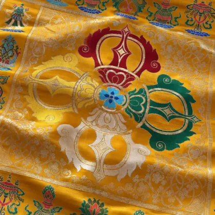 KashiFab CHO Tibetan Brocade - Yellow Auspicious symbol field - KF-CHO #17261 Tibetan brocade Varanasi