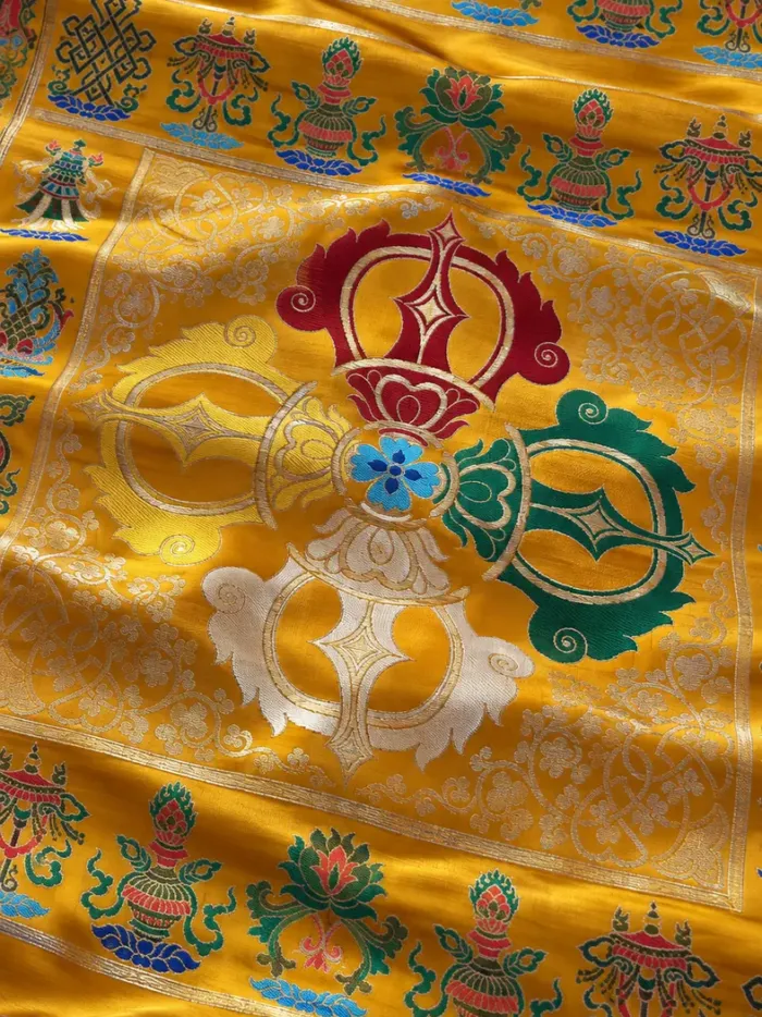 KashiFab CHO Tibetan Brocade - Yellow Auspicious symbol field - KF-CHO #17261 Tibetan brocade Varanasi