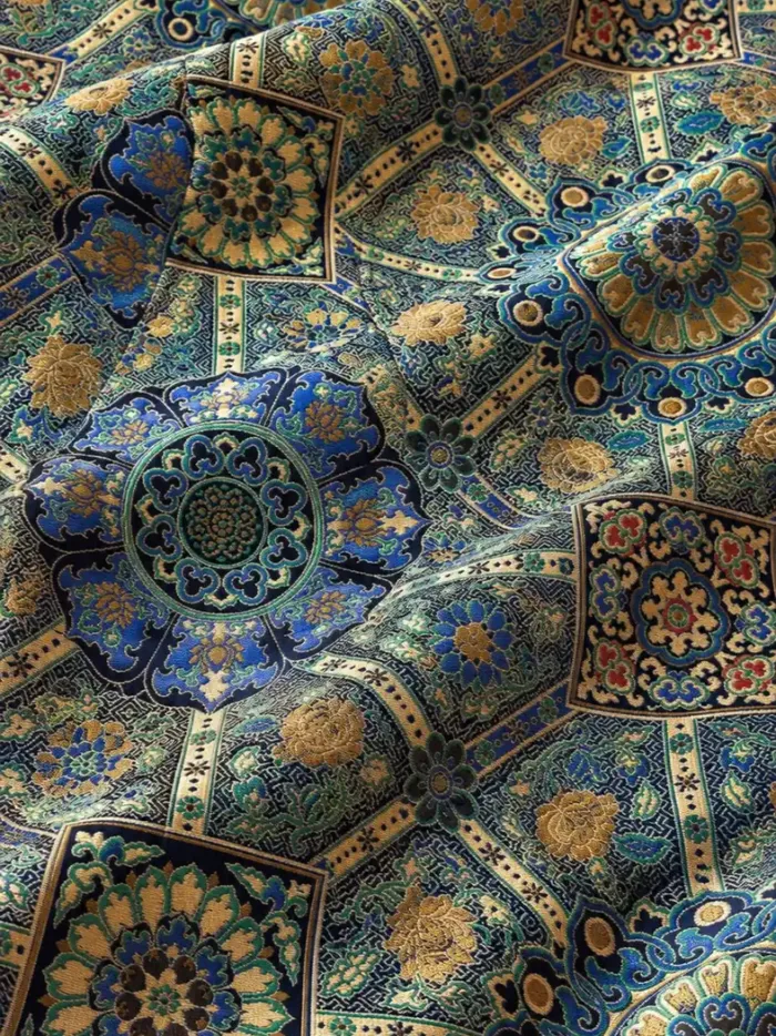 KashiFab CHO Tibetan Brocade - Teal Hexagon medallion stack - KF-CHO #17263 Tibetan brocade Varanasi