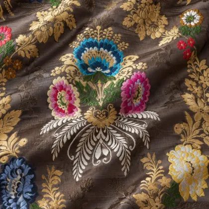 KashiFab CHO Tibetan Brocade - Brown Gold flower on brown - KF-CHO #17264 Tibetan brocade Varanasi