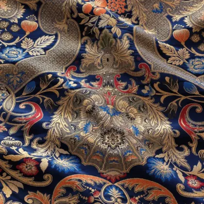 KashiFab CHO Tibetan Brocade - Navy Gold orange floral - KF-CHO #17266 Tibetan brocade Varanasi