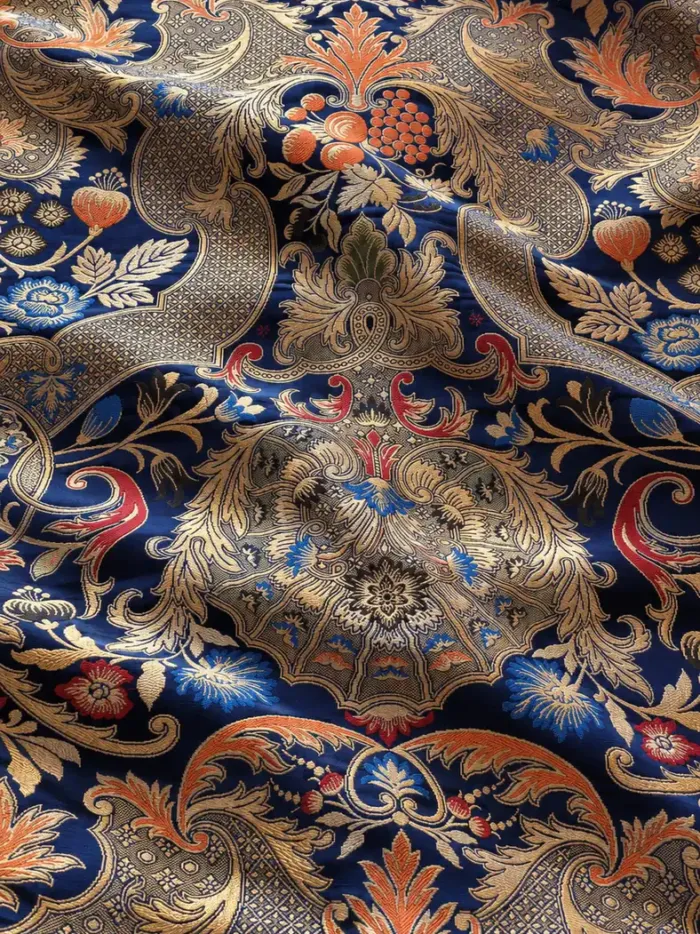 KashiFab CHO Tibetan Brocade - Navy Gold orange floral - KF-CHO #17266 Tibetan brocade Varanasi