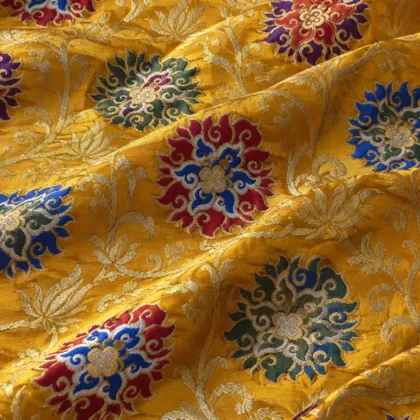 KashiFab CHO Tibetan Brocade - Yellow Round colour medallion - KF-CHO #17268 Tibetan brocade Varanasi