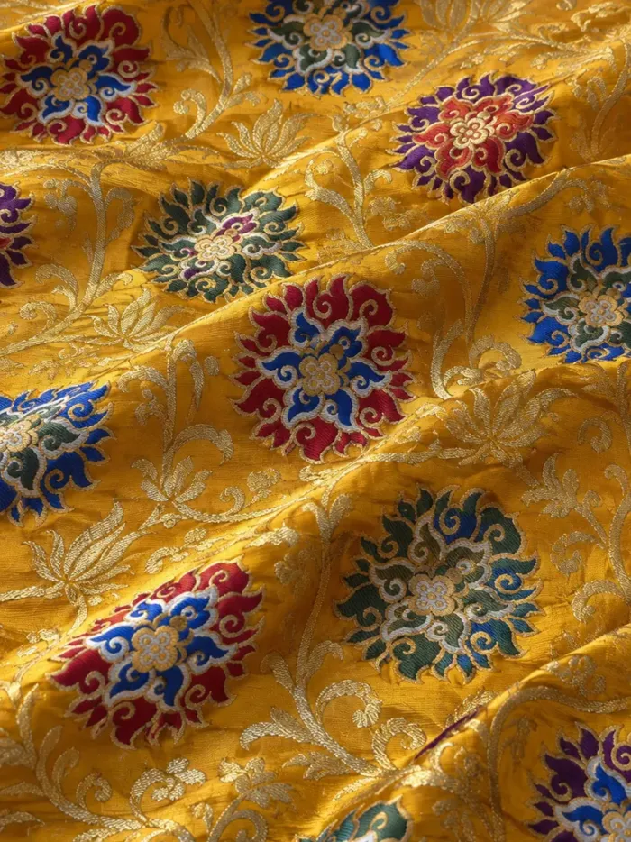 KashiFab CHO Tibetan Brocade - Yellow Round colour medallion - KF-CHO #17268 Tibetan brocade Varanasi