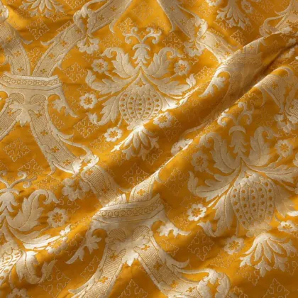 KashiFab CHO Tibetan Brocade - Yellow Cream floral scroll - KF-CHO #17269 Tibetan brocade Varanasi