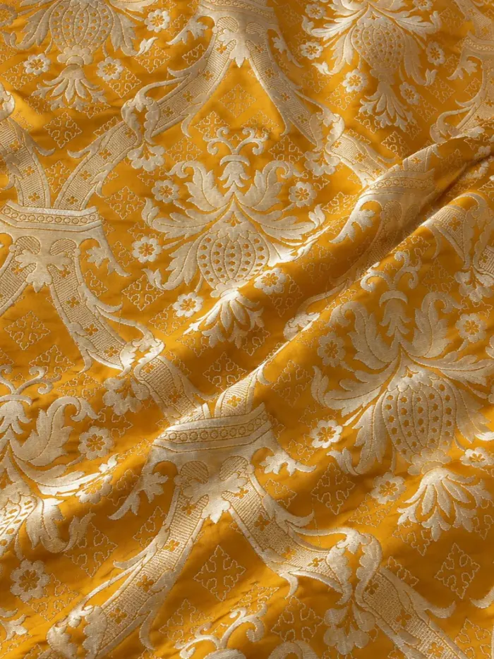 KashiFab CHO Tibetan Brocade - Yellow Cream floral scroll - KF-CHO #17269 Tibetan brocade Varanasi