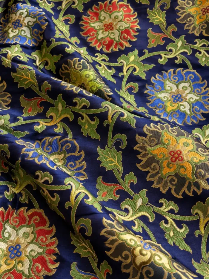 KashiFab CHO Tibetan Brocade - Navy Bright flower stack - KF-CHO #17270 Tibetan brocade Varanasi