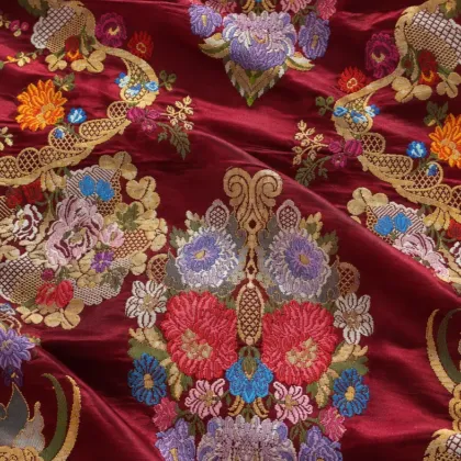 KashiFab CHO Tibetan Brocade - Red Jewel flower medallion - KF-CHO #17273 Tibetan brocade Varanasi