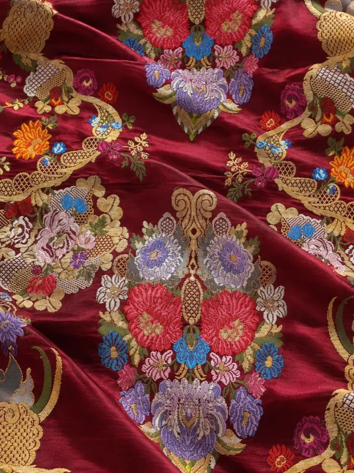 KashiFab CHO Tibetan Brocade - Red Jewel flower medallion - KF-CHO #17273 Tibetan brocade Varanasi