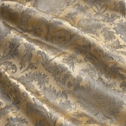 KashiFab CHO Tibetan Brocade - Ivory Grey damask - KF-CHO #17275 Tibetan brocade Varanasi