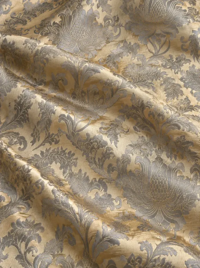 KashiFab CHO Tibetan Brocade - Ivory Grey damask - KF-CHO #17275 Tibetan brocade Varanasi