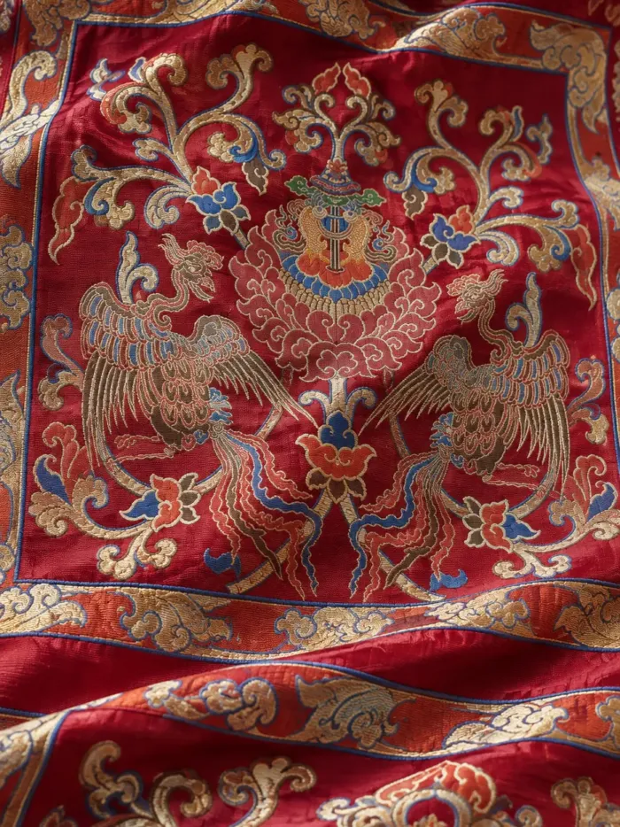 KashiFab CHO Tibetan Brocade - Red Phoenix panel - KF-CHO #17276 Tibetan brocade Varanasi
