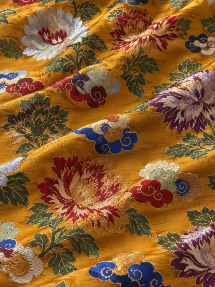 KashiFab CHO Tibetan Brocade - Orange Peony and cloud - KF-CHO #17278 Tibetan brocade Varanasi