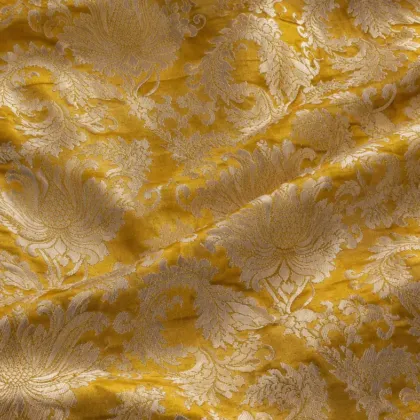 KashiFab CHO Tibetan Brocade - Yellow Cream peony scroll - KF-CHO #17280 Tibetan brocade Varanasi