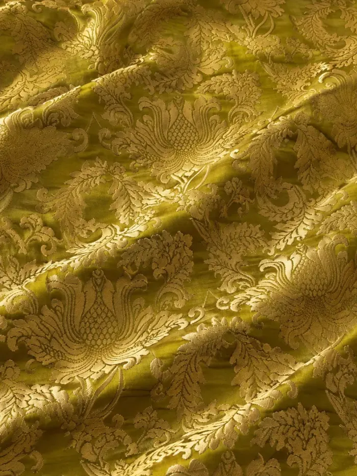 KashiFab CHO Tibetan Brocade - Chartreuse Gold peony on chartreuse - KF-CHO #17283 Tibetan brocade Varanasi