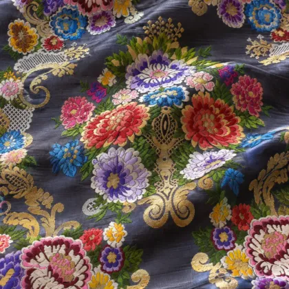 KashiFab CHO Tibetan Brocade - Charcoal Bright flower stack - KF-CHO #17292 Tibetan brocade Varanasi