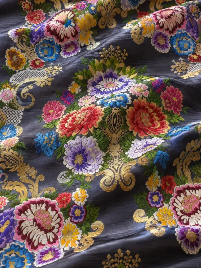 KashiFab CHO Tibetan Brocade - Charcoal Bright flower stack - KF-CHO #17292 Tibetan brocade Varanasi
