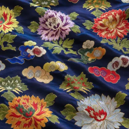 KashiFab CHO Tibetan Brocade - Navy Flower and cloud - KF-CHO #17293 Tibetan brocade Varanasi