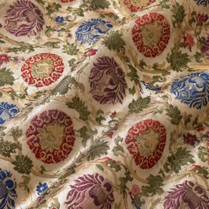 KashiFab CHO Tibetan Brocade - Ivory Round colour flower - KF-CHO #17298 Tibetan brocade Varanasi