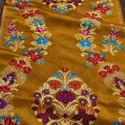 KashiFab CHO Tibetan Brocade - Mustard Central jewel medallion - KF-CHO #17299 Tibetan brocade Varanasi