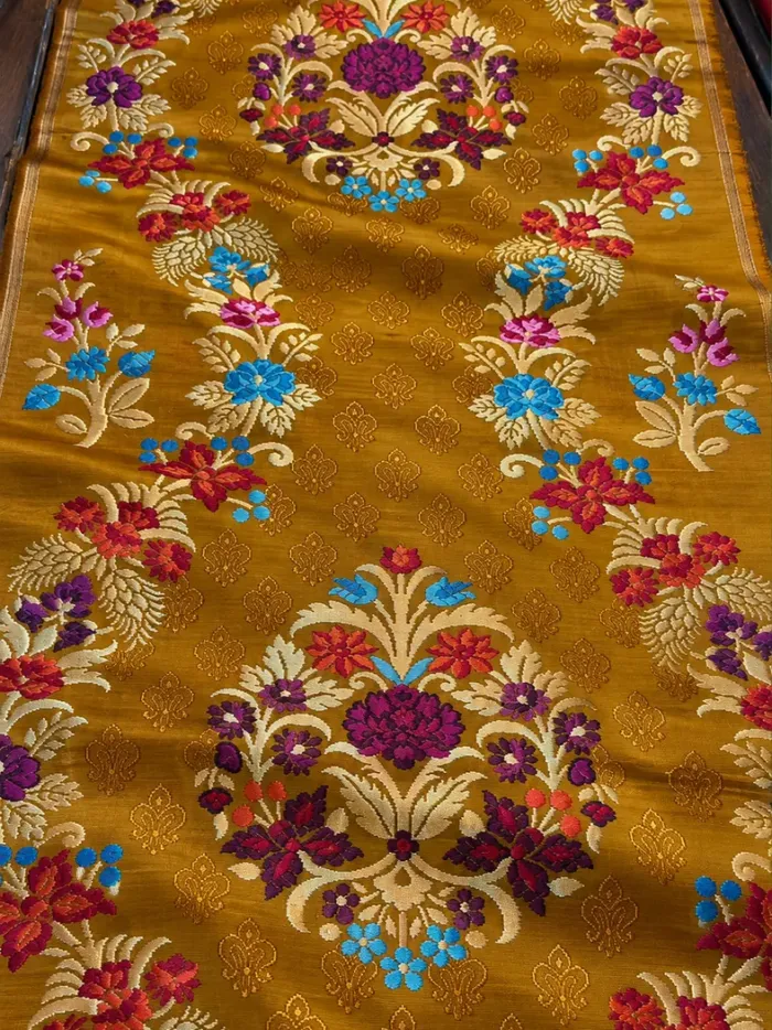 KashiFab CHO Tibetan Brocade - Mustard Central jewel medallion - KF-CHO #17299 Tibetan brocade Varanasi
