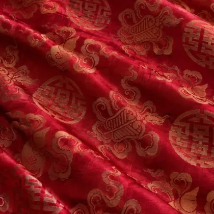 KashiFab CHO Tibetan Brocade - Red Gold shou on red - KF-CHO #17301 Tibetan brocade Varanasi