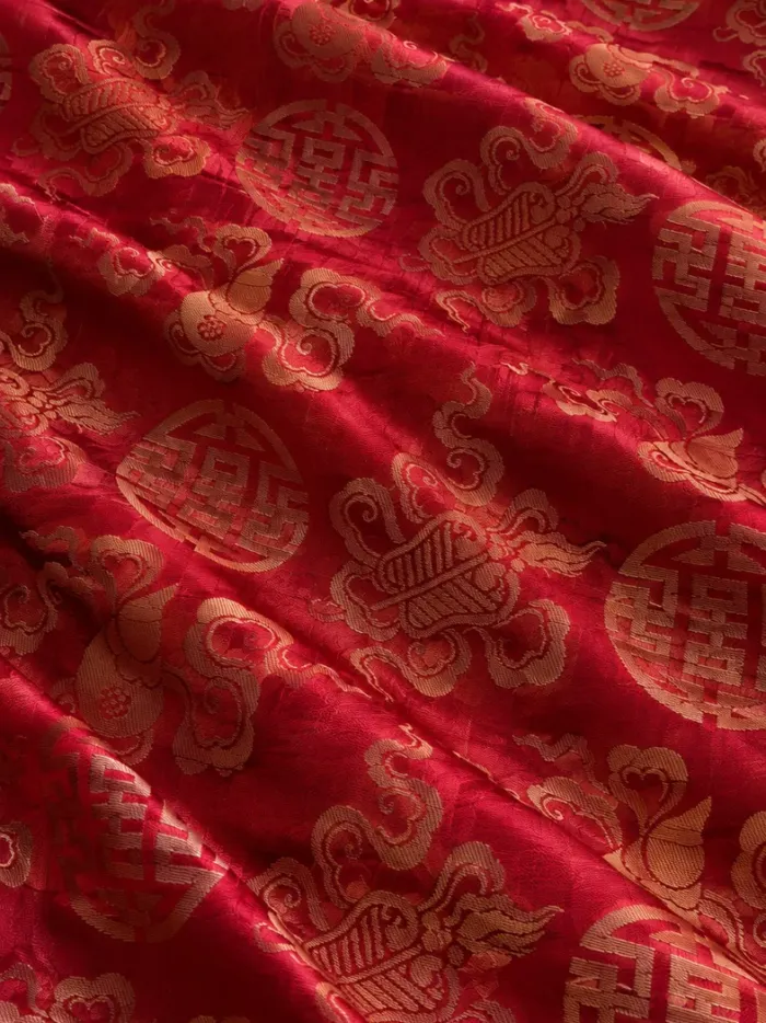 KashiFab CHO Tibetan Brocade - Red Gold shou on red - KF-CHO #17301 Tibetan brocade Varanasi