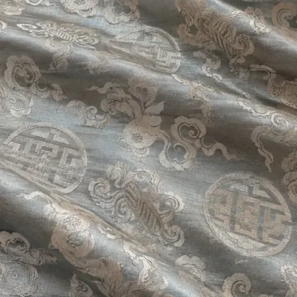 KashiFab CHO Tibetan Brocade - Light blue Silver shou on blue - KF-CHO #17303 Tibetan brocade Varanasi