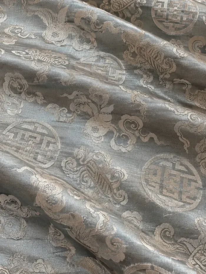 KashiFab CHO Tibetan Brocade - Light blue Silver shou on blue - KF-CHO #17303 Tibetan brocade Varanasi