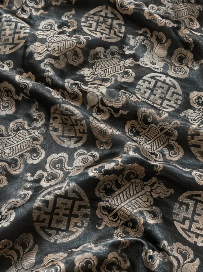 KashiFab CHO Tibetan Brocade - Slate blue Silver shou repeat - KF-CHO #17304 Tibetan brocade Varanasi
