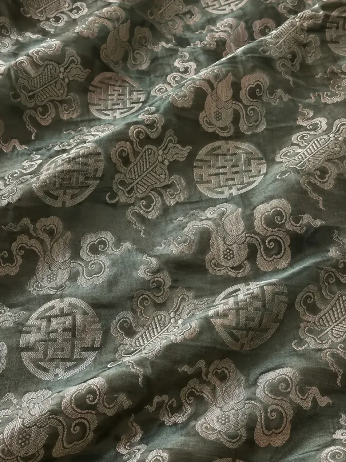 KashiFab CHO Tibetan Brocade - Sage Silver shou on sage - KF-CHO #17307 Tibetan brocade Varanasi