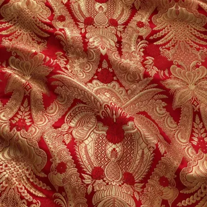 KashiFab CHO Tibetan Brocade - Red Gold flower on red - KF-CHO #17309 Tibetan brocade Varanasi