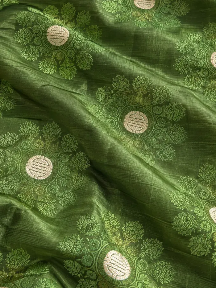 KashiFab CHO Tibetan Brocade - Green Silver centre flower - KF-CHO #17321 Tibetan brocade Varanasi