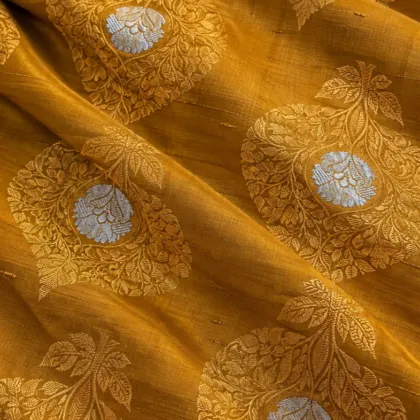 KashiFab CHO Tibetan Brocade - Mustard Silver roundel - KF-CHO #17326 Tibetan brocade Varanasi