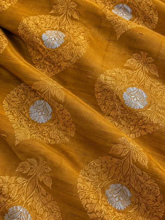 KashiFab CHO Tibetan Brocade - Mustard Silver roundel - KF-CHO #17326 Tibetan brocade Varanasi