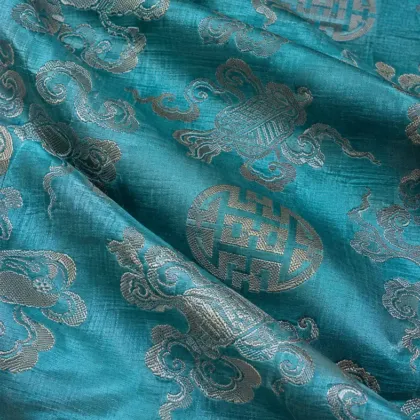 KashiFab CHO Tibetan Brocade - Teal Silver shou on teal - KF-CHO #17330 Tibetan brocade Varanasi