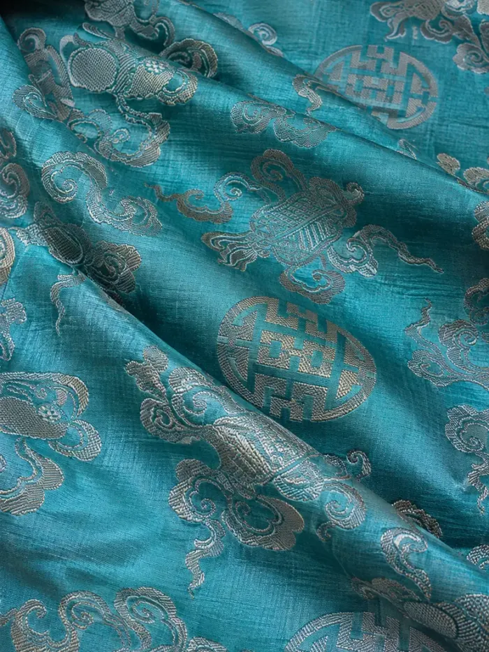 KashiFab CHO Tibetan Brocade - Teal Silver shou on teal - KF-CHO #17330 Tibetan brocade Varanasi