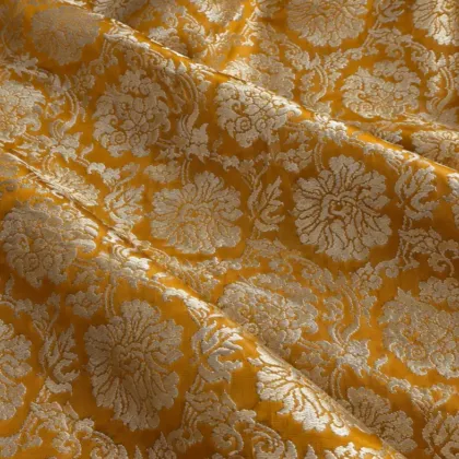 KashiFab CHO Tibetan Brocade - Orange Gold white floral - KF-CHO #17331 Tibetan brocade Varanasi