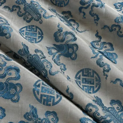 KashiFab CHO Tibetan Brocade - Ivory Blue shou cloud - KF-CHO #17332 Tibetan brocade Varanasi
