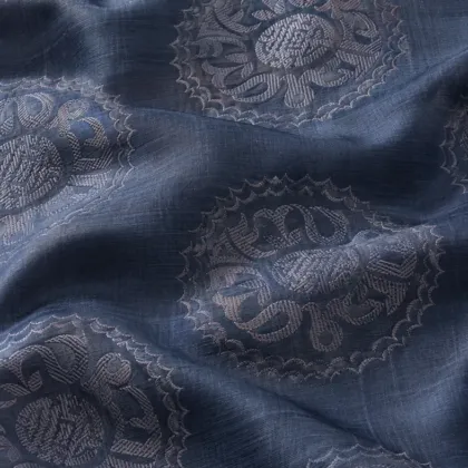 KashiFab CHO Tibetan Brocade - Slate blue Silver shou roundel - KF-CHO #17340 Tibetan brocade Varanasi