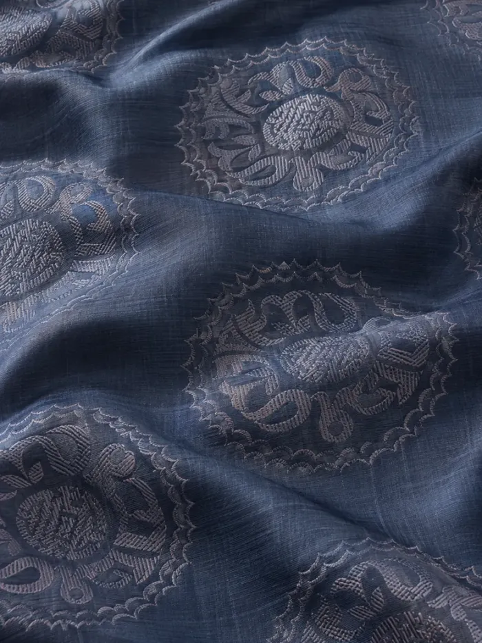 KashiFab CHO Tibetan Brocade - Slate blue Silver shou roundel - KF-CHO #17340 Tibetan brocade Varanasi