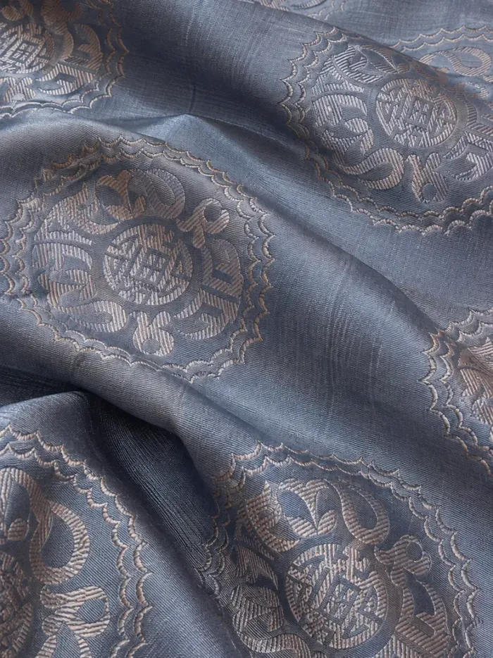 KashiFab CHO Tibetan Brocade - Blue Silver shou roundel - KF-CHO #17341 Tibetan brocade Varanasi