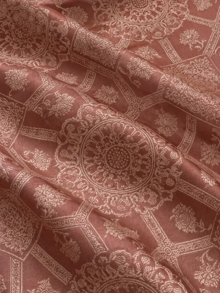 KashiFab CHO Tibetan Brocade - Coral Hexagon on coral KashiFab CHO Tibetan Brocade - Coral Hexagon on coral - KF-CHO #17345 Tibetan brocade Varanasi