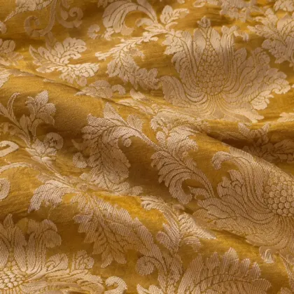 KashiFab CHO Tibetan Brocade - Yellow Cream scroll on yellow - KF-CHO #17347 Tibetan brocade Varanasi