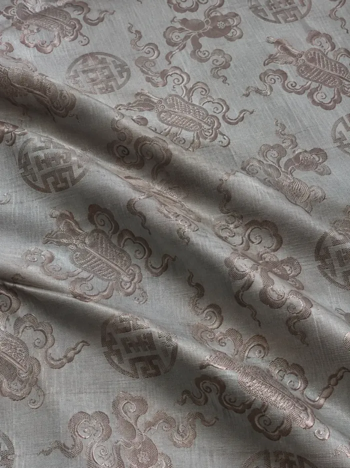 KashiFab CHO Tibetan Brocade - Slate blue Silver shou scroll - KF-CHO #17348 Tibetan brocade Varanasi