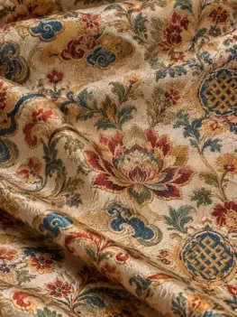 KashiFab CHO Tibetan Brocade - Ivory Flower and shou stack - KF-CHO #17350 Tibetan brocade Varanasi