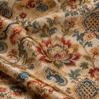 KashiFab CHO Tibetan Brocade - Ivory Flower and shou stack - KF-CHO #17350 Tibetan brocade Varanasi